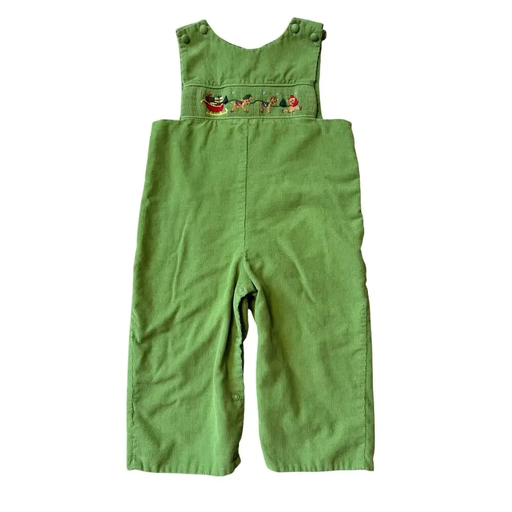 MANO Handmade Christmas Smocked Reindeer Sleigh Green Corduroy Overalls 2T